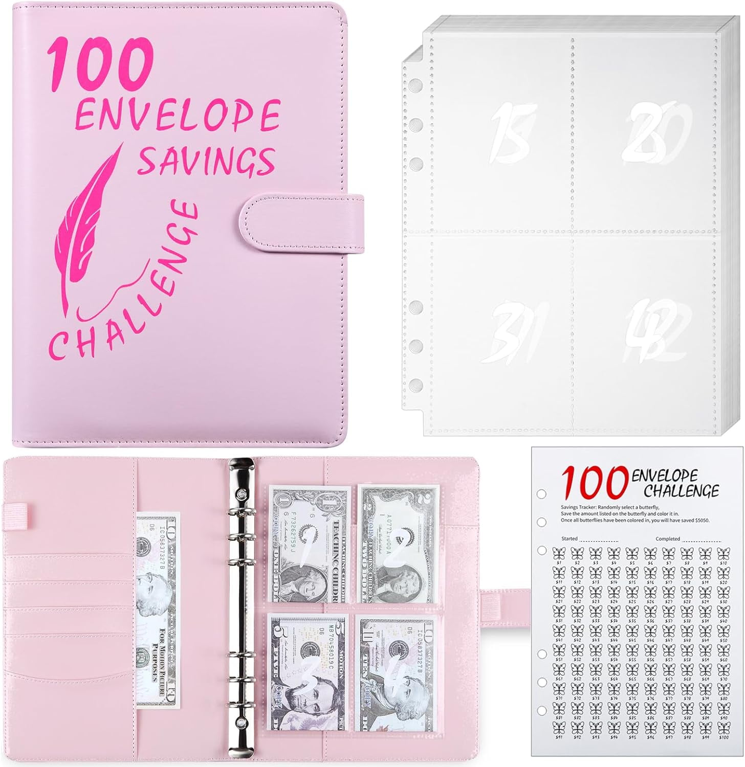 100 Envelope Challenge Binder, 25 Sheets Silkscreen Numbers to 100, Not ...