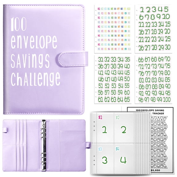 100 Envelope Challenge Binder Money Saving Binder, Easy and Fun Way to Save $5,050, Cash Stuffing Binder Budget Planner Savings Challenge Book (Purple)
