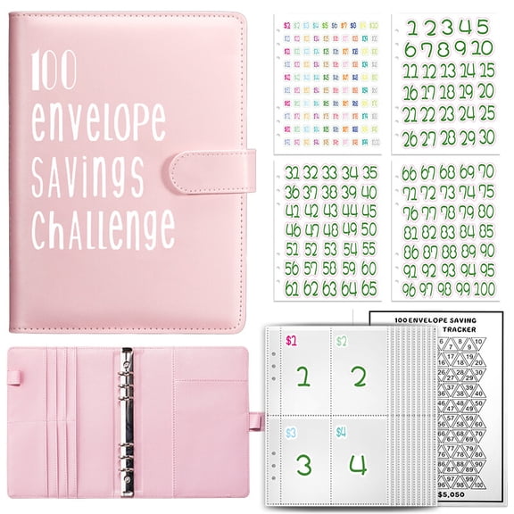 100 Envelope Challenge Binder Money Saving Binder, Easy and Fun Way to Save $5,050, Cash Stuffing Binder Budget Planner Savings Challenge Book (Pink)