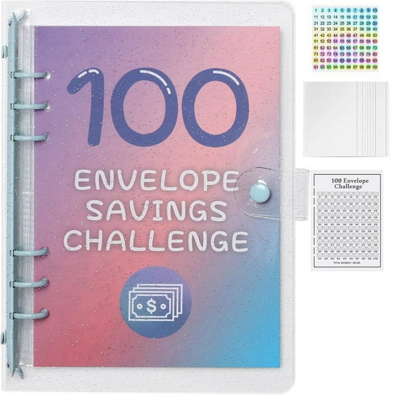 100 Envelope Money Savings Challenge Binder, Expense Budget Sheet for Budgeting and Saving Money, Binder Blue
