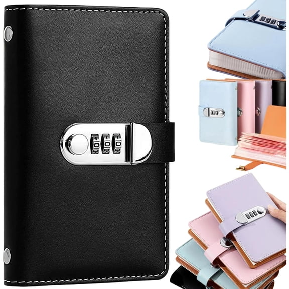 100 Envelope Savings Challenge Binder with Lock - PU Leather Money Saving Book with Envelopes, Compact A6 Size Budget Organizer (Black) P