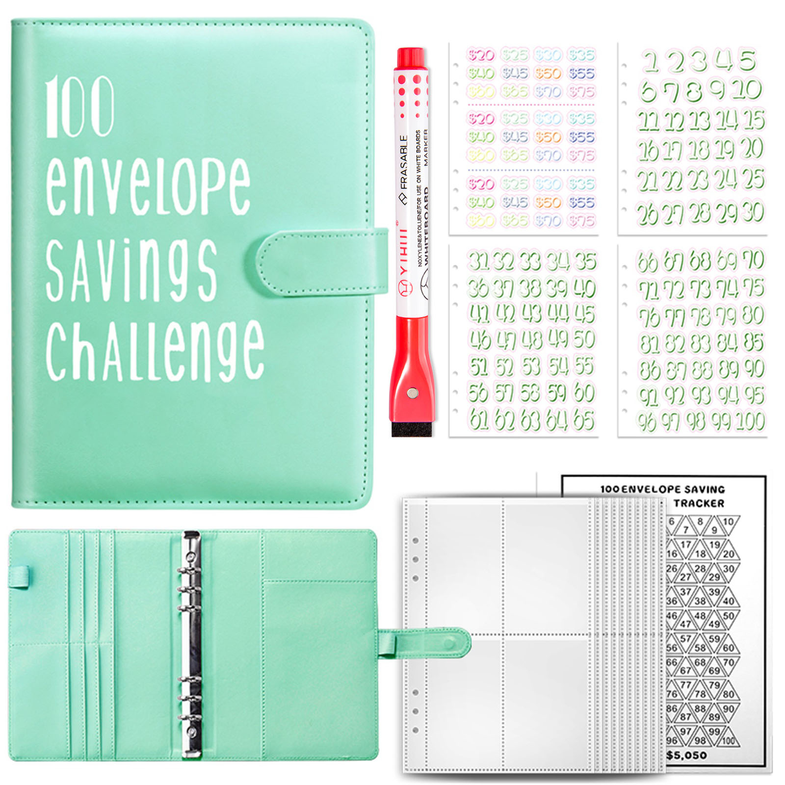 100 Envelope Money Saving Challenge Binder – Save $5,050 – Faux Leather Cash Book