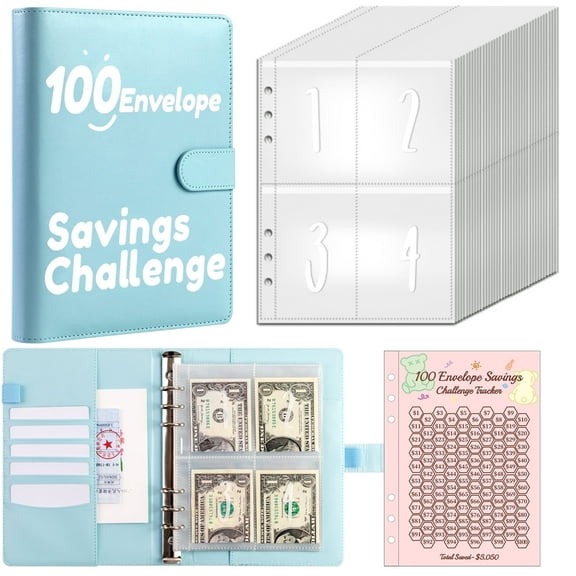 LANZOELIFE 100 Envelopes Money Saving Challenge Binder, A5 Money Saving Budget Binder with Cash Envelopes - Savings Challenges Book to Save $5,050