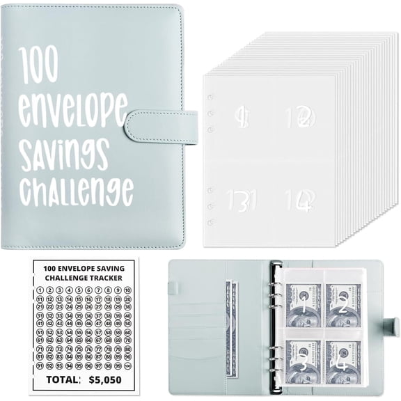 100 Envelopes Money Saving Challenge, 100 Envelope Challenge Binder, Easy and Fun Way to Save $5,050, Savings Challenges Budget Book Binder with Cash Envelopes for Office,Home,School (Blue)