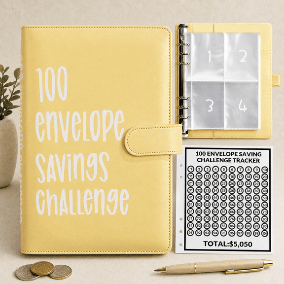 100 Envelopes Money Saving Challenge, 100 Envelope Challenge Binder, Easy and Fun Way to Save $5,050, Savings Challenges Budget Book Binder with Cash Envelopes for Office,Home,School (Yellow)