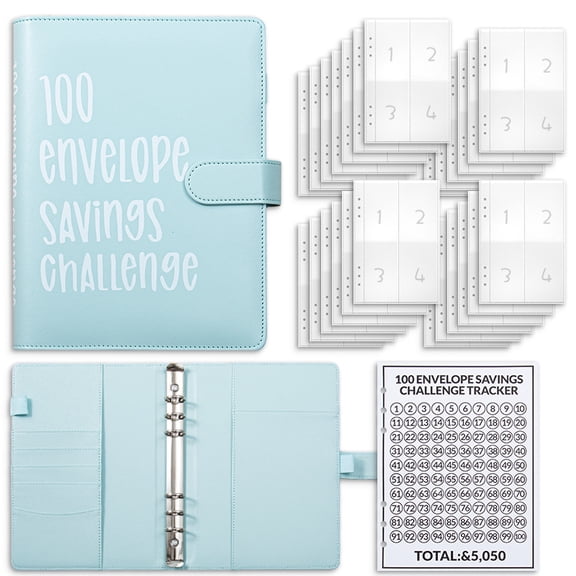 100 Envelopes Money Saving Challenge, 100 Envelope Challenge Binder, Easy and Fun Way to Save Money, Savings Challenges Budget Book Binder with Cash Envelopes for Office,Home,School (Blue)