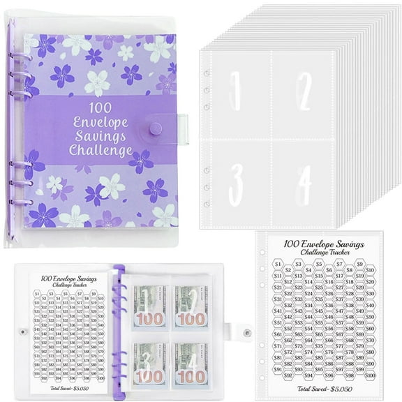 100 Envelopes Money Saving Challenge,100 Envelope Challenge Binder,Money Saving Binder 100 Pocket Pre-Numbered,Savings Challenges Book with Envelopes & Challenge Tracker,1 PC,Purple