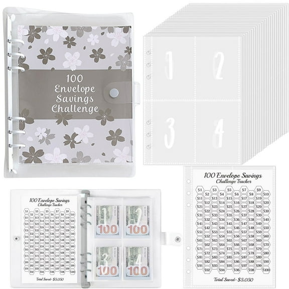 100 Envelopes Money Saving Challenge,100 Envelope Challenge Binder,Money Saving Binder 100 Pocket Pre-Numbered,Savings Challenges Book with Envelopes & Challenge Tracker,1 PC,White