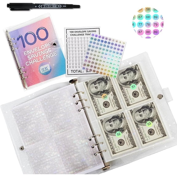 100 Envelopes Money Saving Challenge, 2023 New & Shiny 100 Envelope Challenge Binder, Easy and Funny Way to Save $5,050 Budget Planner, 100-Day Envelope Challenge Kit Money Saving Binder