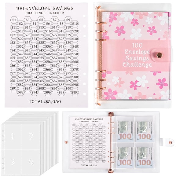 100 Envelopes Money Saving Challenge Binder 25 Sheets A5 Binder with Cash Envelope to Save $5050 Budget Planner PVC Money Savings