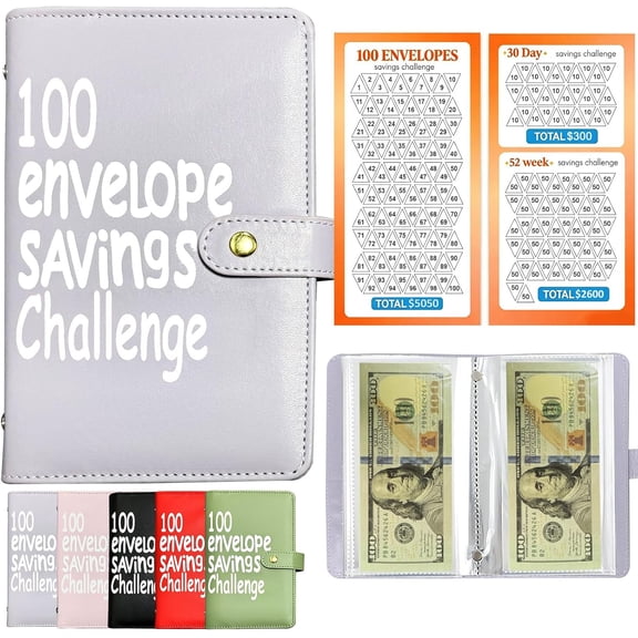 100 Envelopes Money Saving Challenge Binder, Budget Planner Book with Cash Envelopes & Reusable Tracker, Easy Way to Save $5,050, $2,600, Portable Savings Binder for Home, Office, Family