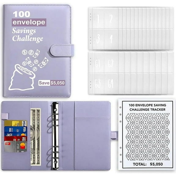 100 Envelopes Money Saving Challenge Binder, Money Saving Binder with Reusable Laminated Tracker, Budget Binder with Cash Envelopes Fun and Organized Money Challenge Book to Save $5,050