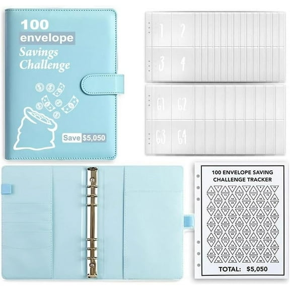 100 Envelopes Money Saving Challenge Binder, Money Saving Binder with Reusable Laminated Tracker, Budget Binder with Cash Envelopes Fun and Organized Money Challenge Book to Save $5,050