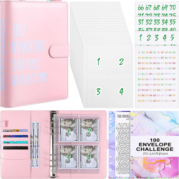 Yitiumu Envelopes Saving Challenge Standard Binder with Cash Envelopes, Pink, 100 Count