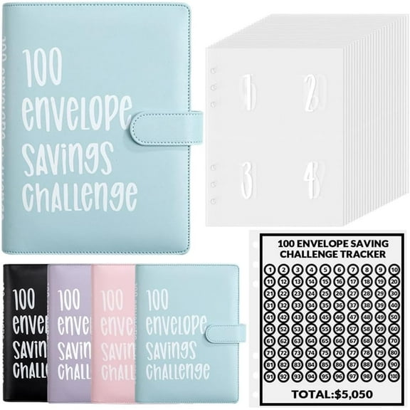 100 Envelopes Money Saving Challenge, Envelopes Challenge Binder, Envelope Savings Challenge Book with a Budget Binder and Cash Envelopes, 100 Savings Challenge Binder for Saving $5,050 (Blue)