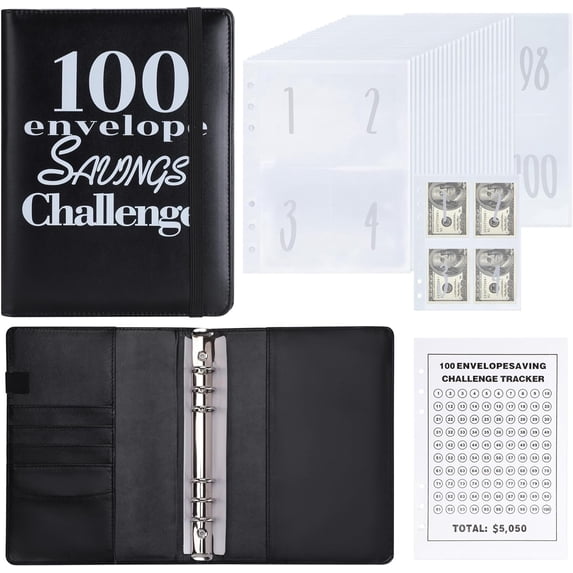 100 Envelopes Money Saving Challenge Money Saving Binder 100 Envelope Challenge Binder Savings Binder Envelope A5 Savings Challenge Book (Black)