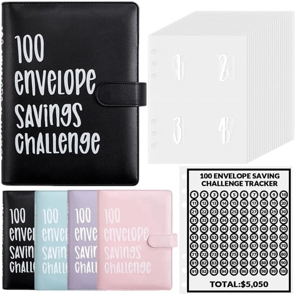 100 Envelopes Money Saving Challenge, Savings Challenges Book with Envelopes, Fun Budget Binder for Saving $5050, 100 Day Savings Challenge Binder with 100 Pocket Pre-number (Black)