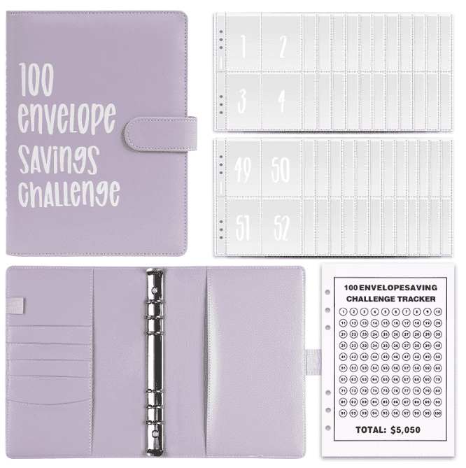 100 Envelopes Money Saving Challenge, Savings Challenges Book with Envelopes, Fun Budget Binder for Saving $5050, Save Money Challenge Book with 100 Pocket Pre-number(Purple)