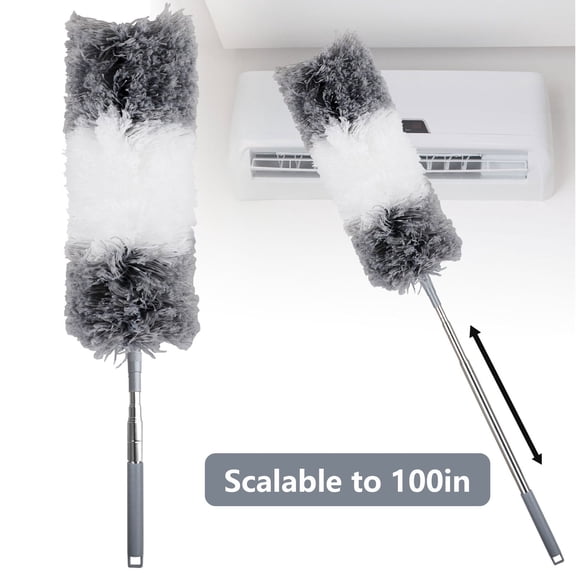 100" Extra Long Microfiber Duster with Extension Pole, Bendable Washable for Cleaning Roof, Ceiling Fan, Blind, Cobweb