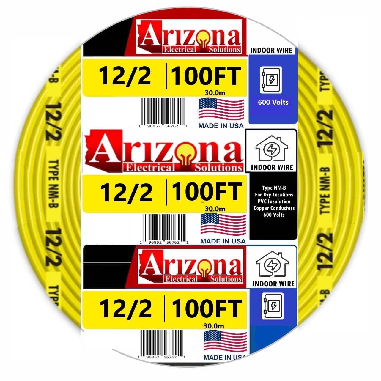 100 FT 12/2 Type NM-B Copper. #12 AWG, 2 Conductors with Ground. Insulated Jacket Yellow