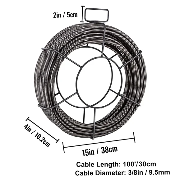 100 FT Drain Cleaning Cable 3/8 Inch Solid Core Steel with 4 Cutters for 2 to 4 Inch Pipes,Effective Sewer Auger Cleaner for Sink,Floor Drain,and Toilet