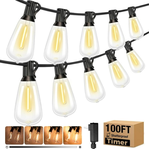 100 FT LED String Lights for Outside, Waterproof Outdoor Patio Lights with Dimmable Edison Bulbs, Warm White Hanging Light with Timer for Backyard Yard Gazebo Party Tent Garden Tree