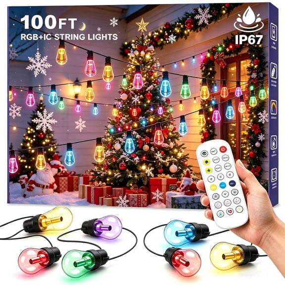 100 FT RGB+IC Outdoor String Lights, Outside Light Dimmable Shatterproof LED Bulbs, IP67 Waterproof Chasing Effect Lighting DreamColor Patio Strip Lights for Backyard, Balcony, Outdoor Living