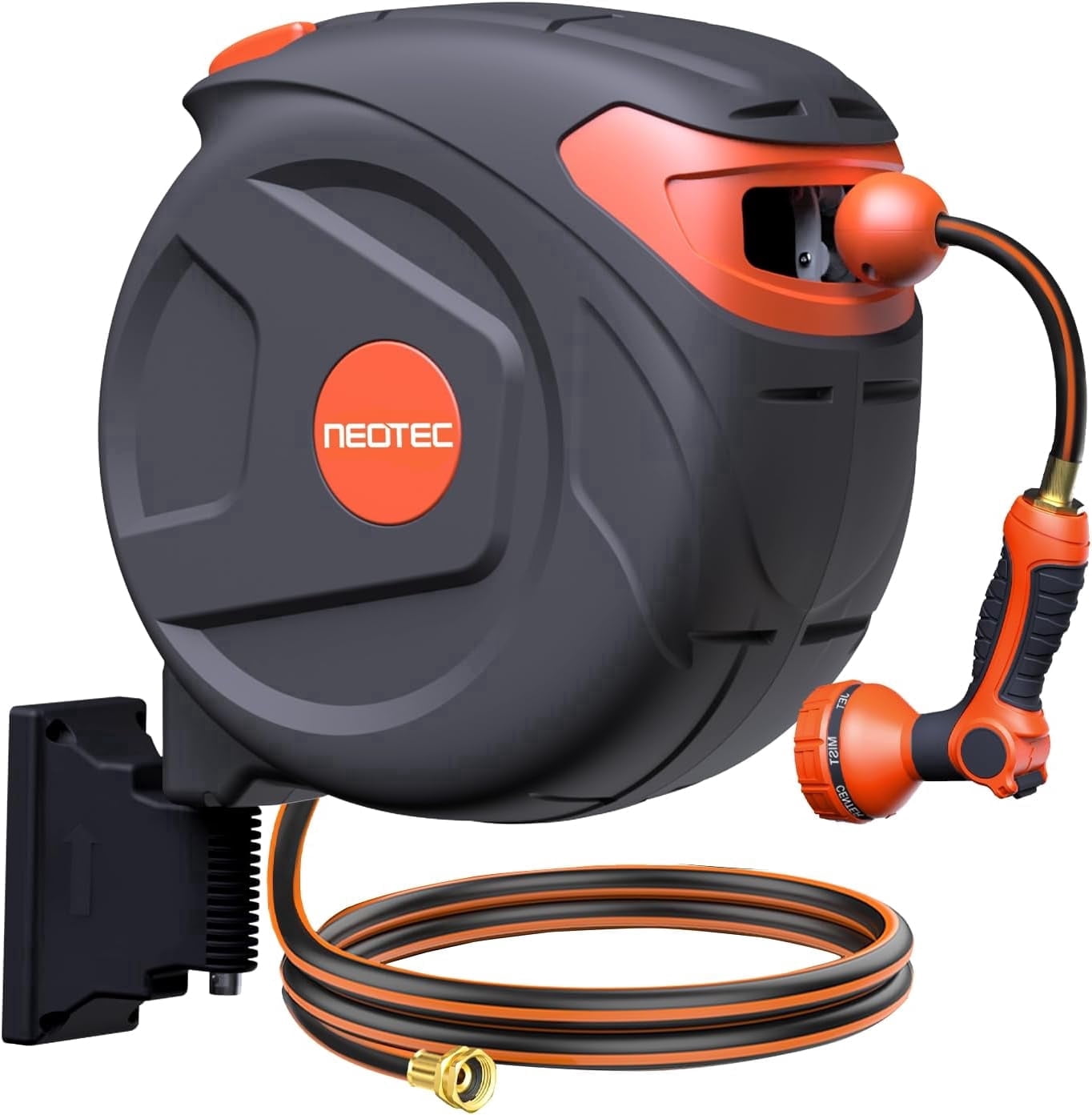 NEOTEC 100ft 1/2 Inch Retractable Garden Hose Reel-Wall Mounted Auto Slow Return Hose Reel with Any-Length Lock, 180° Swivel Bracket-Heavy Duty 3-Layer PVC Hose for Yard