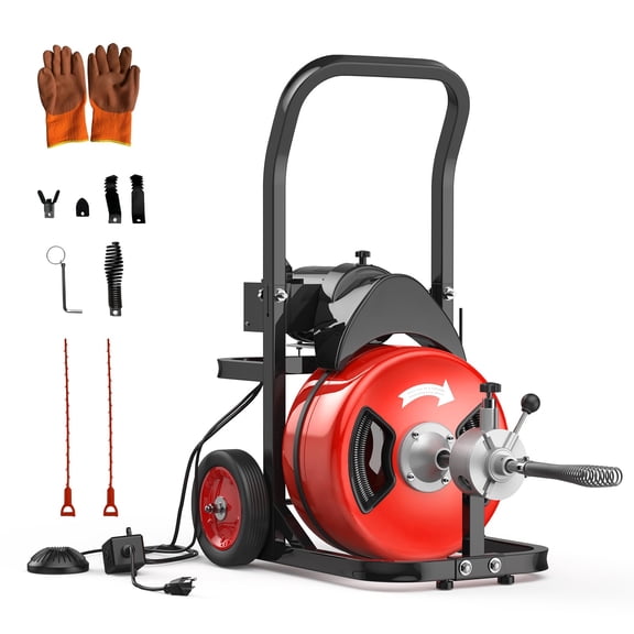 100 FT x 3/4" Drain Cleaner Machine – 750W Motor, 1850 RPM – Automatic Feed Sewer Auger with 4 Cutters & Gloves – Main Drain & Sewer Line Clog Remover – Red