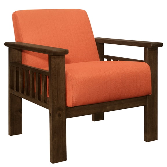 100% Fabric Upholstered Accent Chair In Orange, Solid Wood Frame With Walnut Finish For Entry Hall Attached Cushions Home
