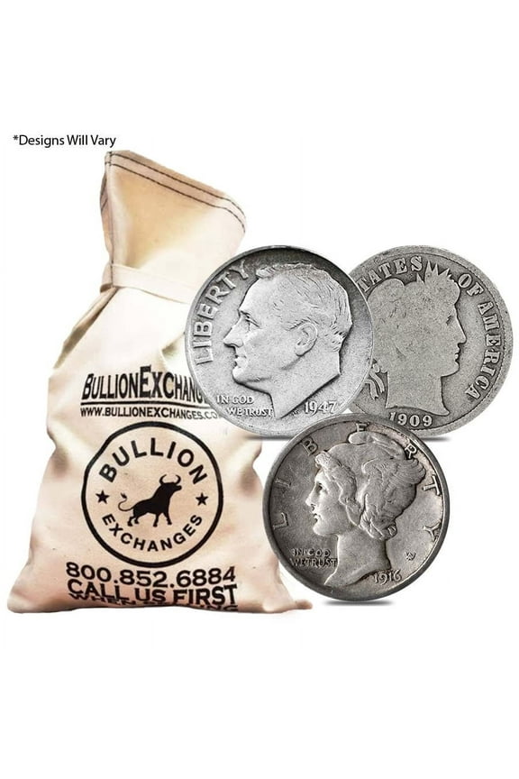$100 Face Value Bag - 1,000 Coins - 90% Silver Dimes 10c (Circulated, Random Design)