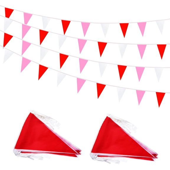 100 Feet 60 Pcs Red White and Pink Pennant Banner Flag String Hanging Triangle DIY Flag, Bunting Streamers Decoration for Grand Opening, Birthday, Wedding Celebration(Red White & Pink)