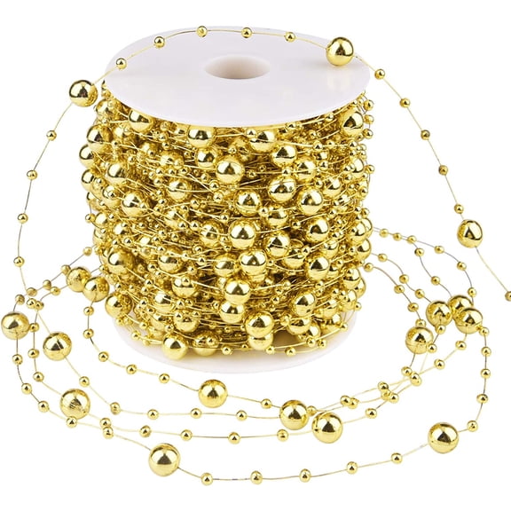 100 Feet Christmas Tree Beads Garland Decoration, Artificial Plastic Reflective Pearls Strands String Chain Beaded Roll (Golden)