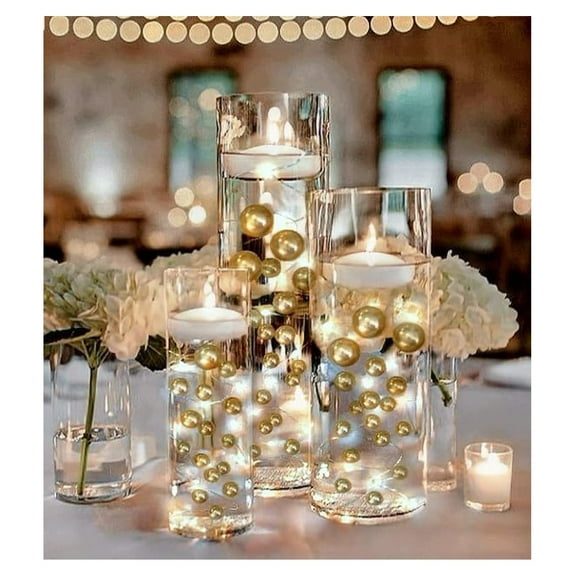 100 Floating Pearls with Sparkling Gems- Large Sizes- Fills 2 Gallons of The Transparent Water Gels for Your Vases- with Pre-Measured Prep Bags- 6 White Fully Submersible Fairy Lights