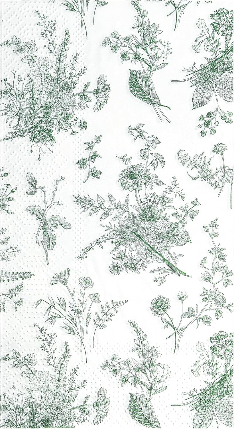 100 Floral Guest Napkins Sage Green White Toile Disposable Paper Napkins Flower Bathroom Hand Towels for Tea Party Christmas Bridal Baby Shower Party Supplies