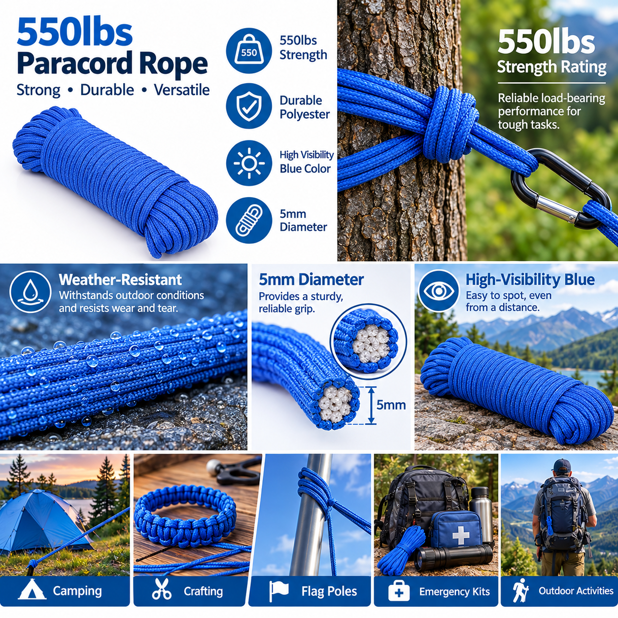 Bllue Rope 100 Foot 550lbs Blue Paracord Rope,heavy duty rope,Parachute 550 Cord ...