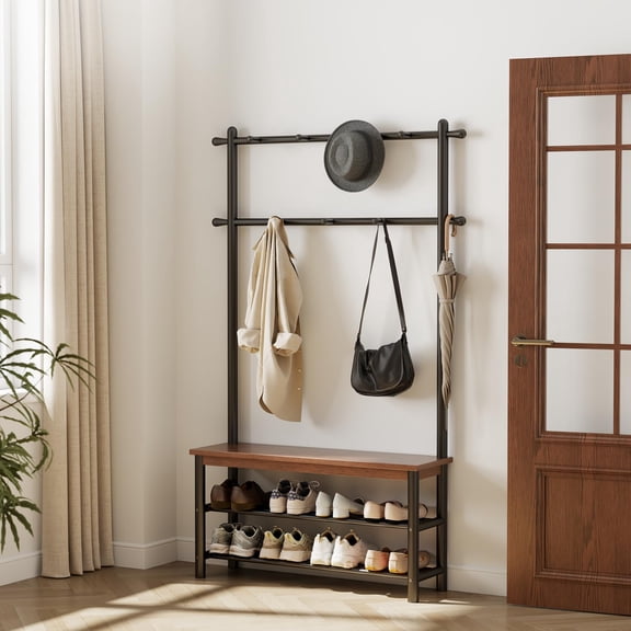 100 Freestanding Hall Tree With Bench, Wood Top & Matte Black Metal Frame