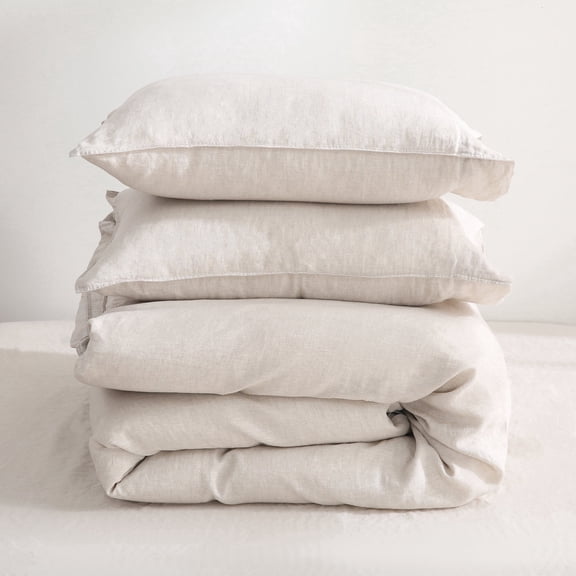 100% French Linen Duvet Cover Set – Soft Breathable Comforter Cover with Coconut Buttons & Corner Ties - 3 Piece Luxury Bedding Set (Natural Queen)
