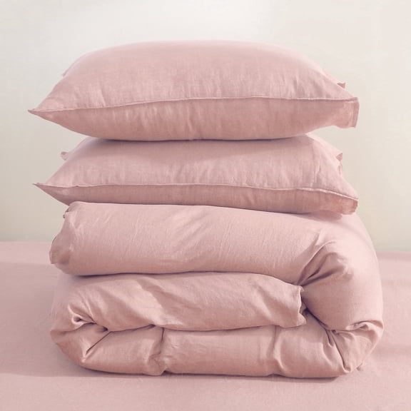100% French Linen Duvet Cover Set – Soft Breathable Comforter Cover with Coconut Buttons & Corner Ties - 3 Piece Luxury Bedding Set (Pink Full)