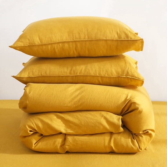 100% French Linen Duvet Cover Set – Soft Breathable Comforter Cover with Coconut Buttons & Corner Ties - 3 Piece Luxury Bedding Set (Yellow Queen)