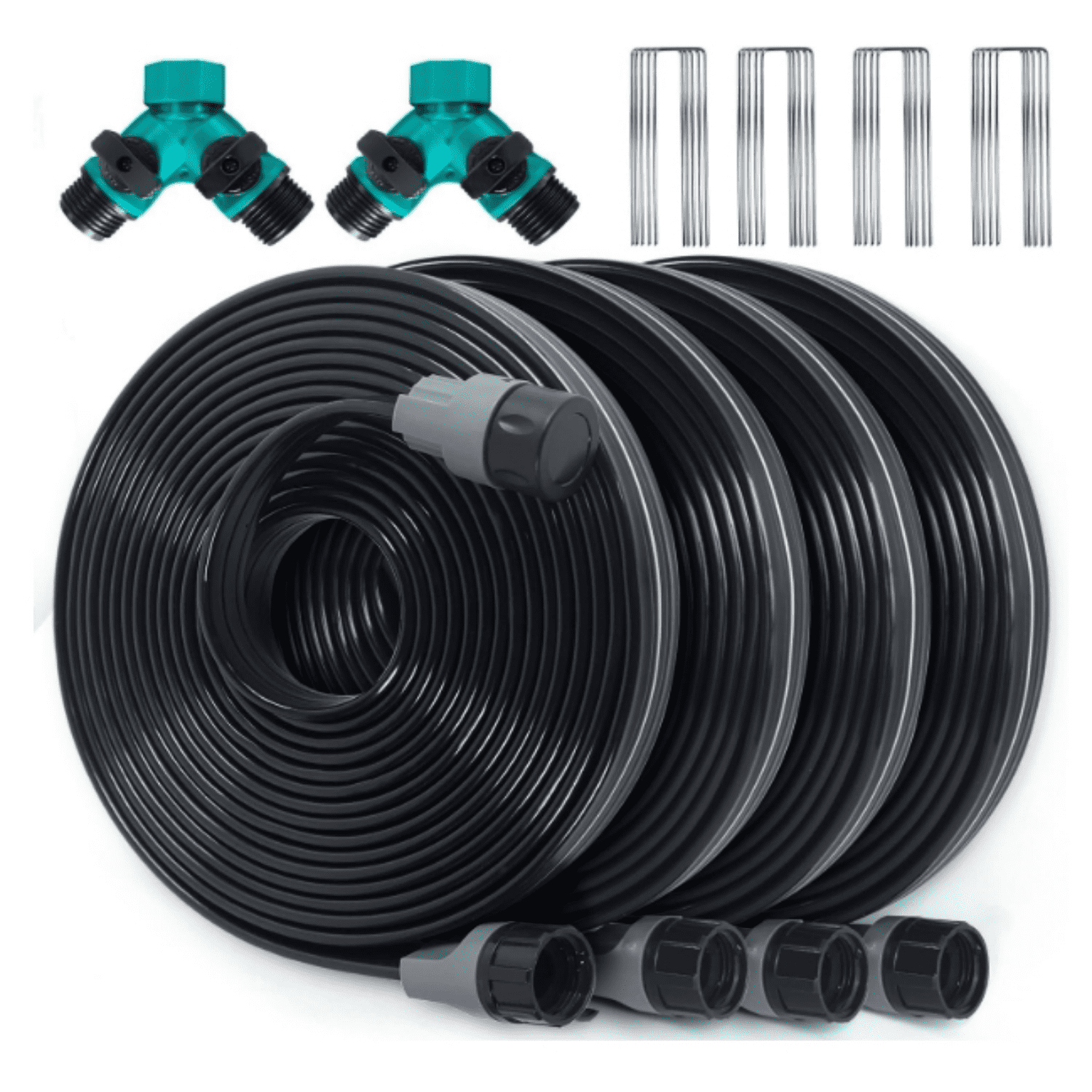 Hose with Holes, Flat Soaker Hose 100 Ft (25 ft 4pack) with Garden Staples and Splitters, Watering Drip Irrigation Hoses for Lawn, Vegetable and Garden Beds