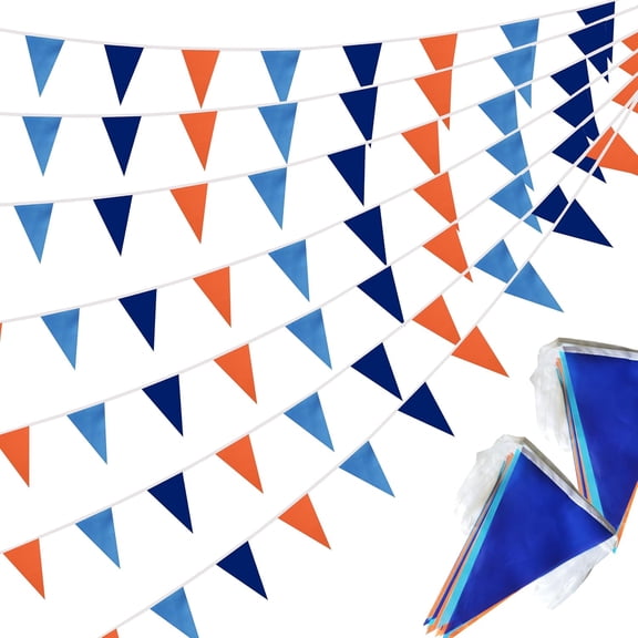 100 Ft Blue Orange and Dark Blue String Flags Pennant Banner,Hanging Orange Blue and Dark Blue Bunting Flags Blank Banners for Grand Opening,60 Pack