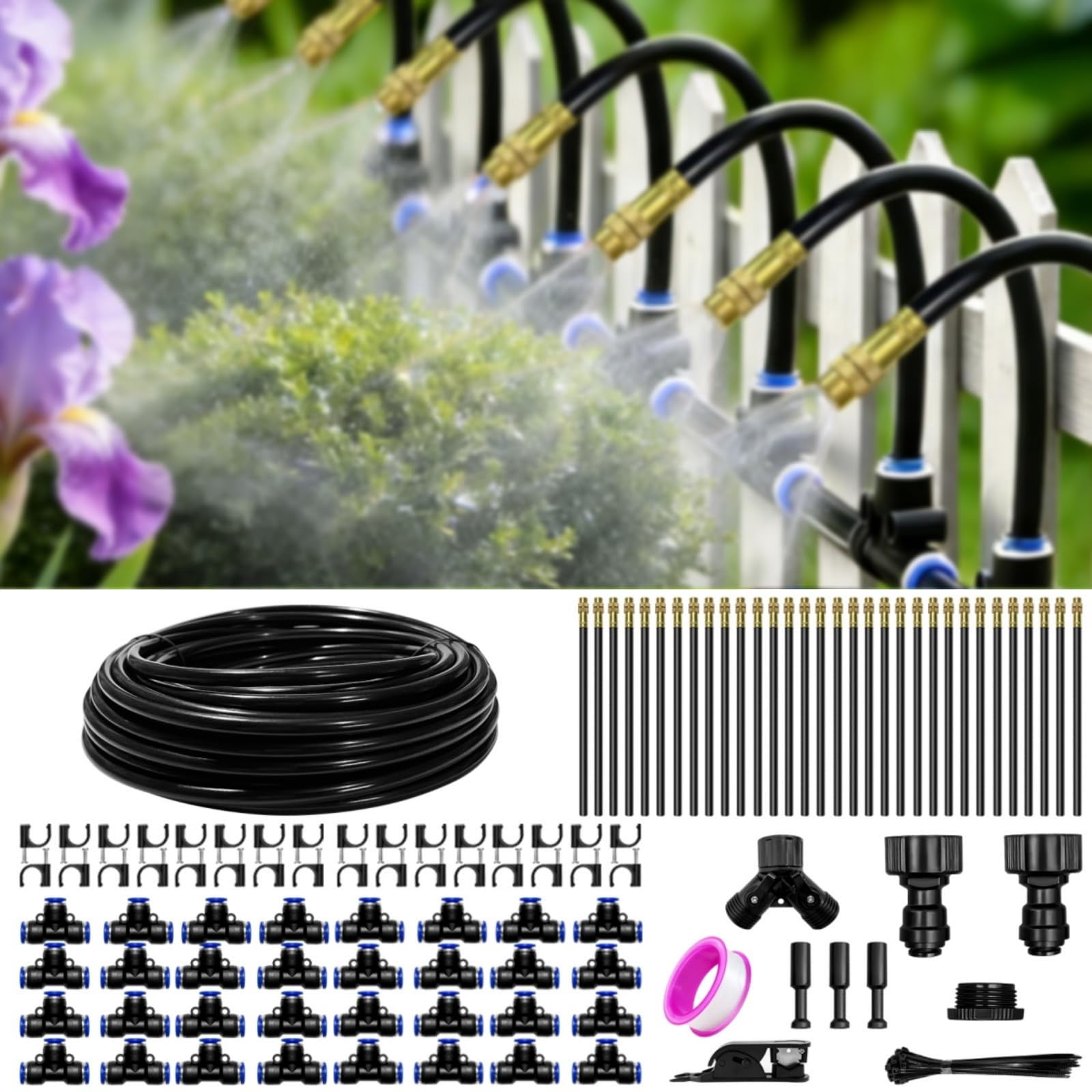 100 Ft Drip Irrigation System For Garden - Kit With 32 360°adjustable Copper Nozzles Hose  Automatic Atomizing Plant Watering Sprinkler Yard Lawn Greenhouse Potted