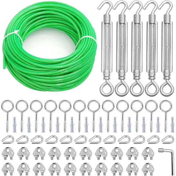 100 Ft PVC Coated Steel Cable Clothesline Kit with Turnbuckles and Mounting Hardware