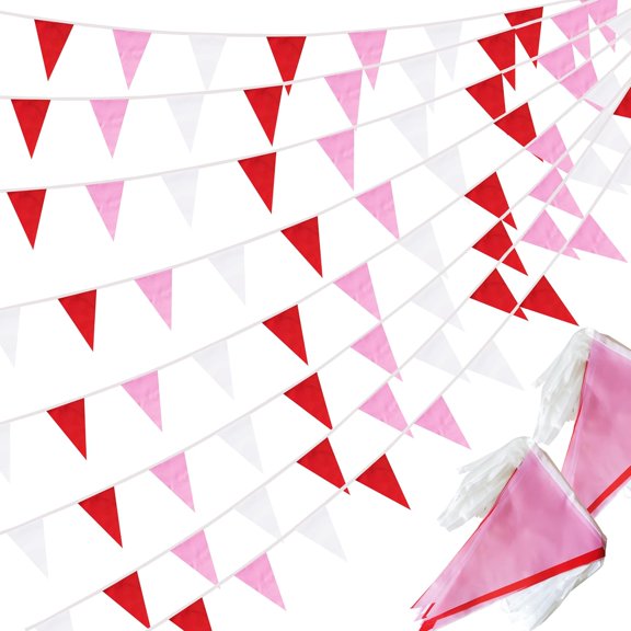 100 Ft Red Pink and White String Pennant Banner Red Pink and White Hanging DIY Triangle Bunting Blank Banners Flags for Grand Opening,60 Flags