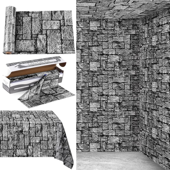 100 Ft x 54 Inch Stone Wall Tablecloth Roll with Cutter Box Disposable Plastic Stone Table Cover Medieval Stone Brick Table Cloth Dirt Floor Wall Backdrops for Farm Wedding Birthday Party