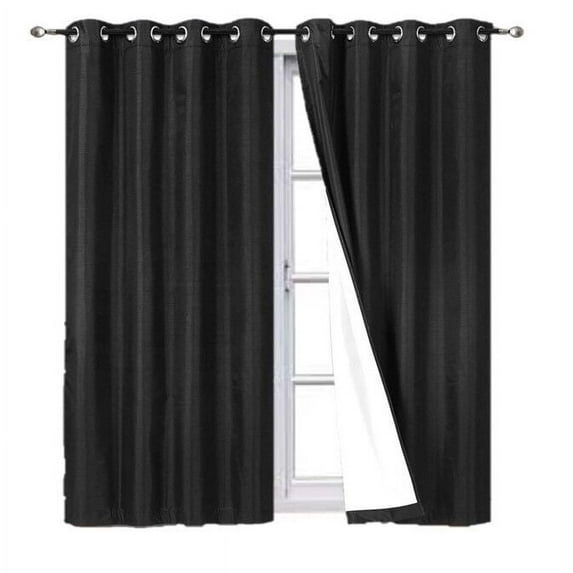 100% Full Room Darkening Adam Blackout Faux Silk Window Curtain 2 Panels Grommets For Bedroom, Living Room 37 inch X 84 inch Black Color