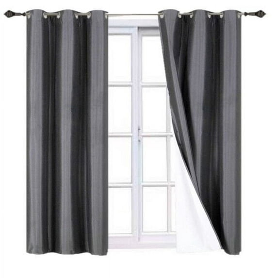 100% Full Room Darkening Adam Blackout Faux Silk Window Curtain 2 Panels Grommets For Bedroom, Living Room 37 inch X 84 inch Charcoal Color
