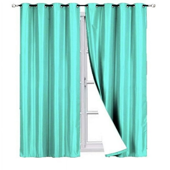100% Full Room Darkening Adam Blackout Faux Silk Window Curtain 2 Panels Grommets For Bedroom, Living Room 37 inch X 84 inch Mint Color