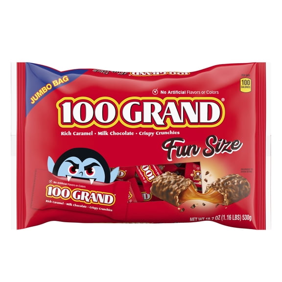 100 Grand Fun Size Halloween Candy Bars Bulk, Crispy Crunchies and Milk Chocolate with Caramel, Jumbo Bag, 18.7 oz